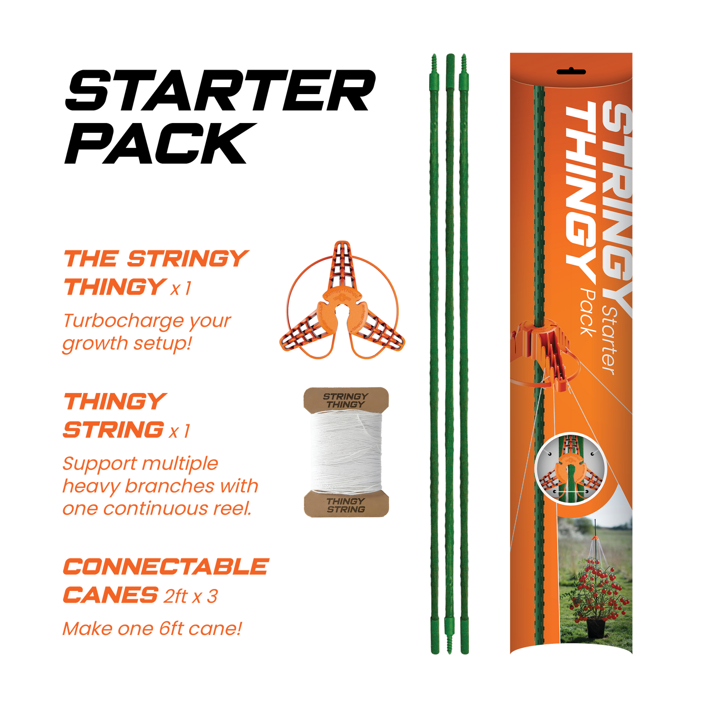 Stringy Thingy starter pack with packaging, canes, and string on a white background