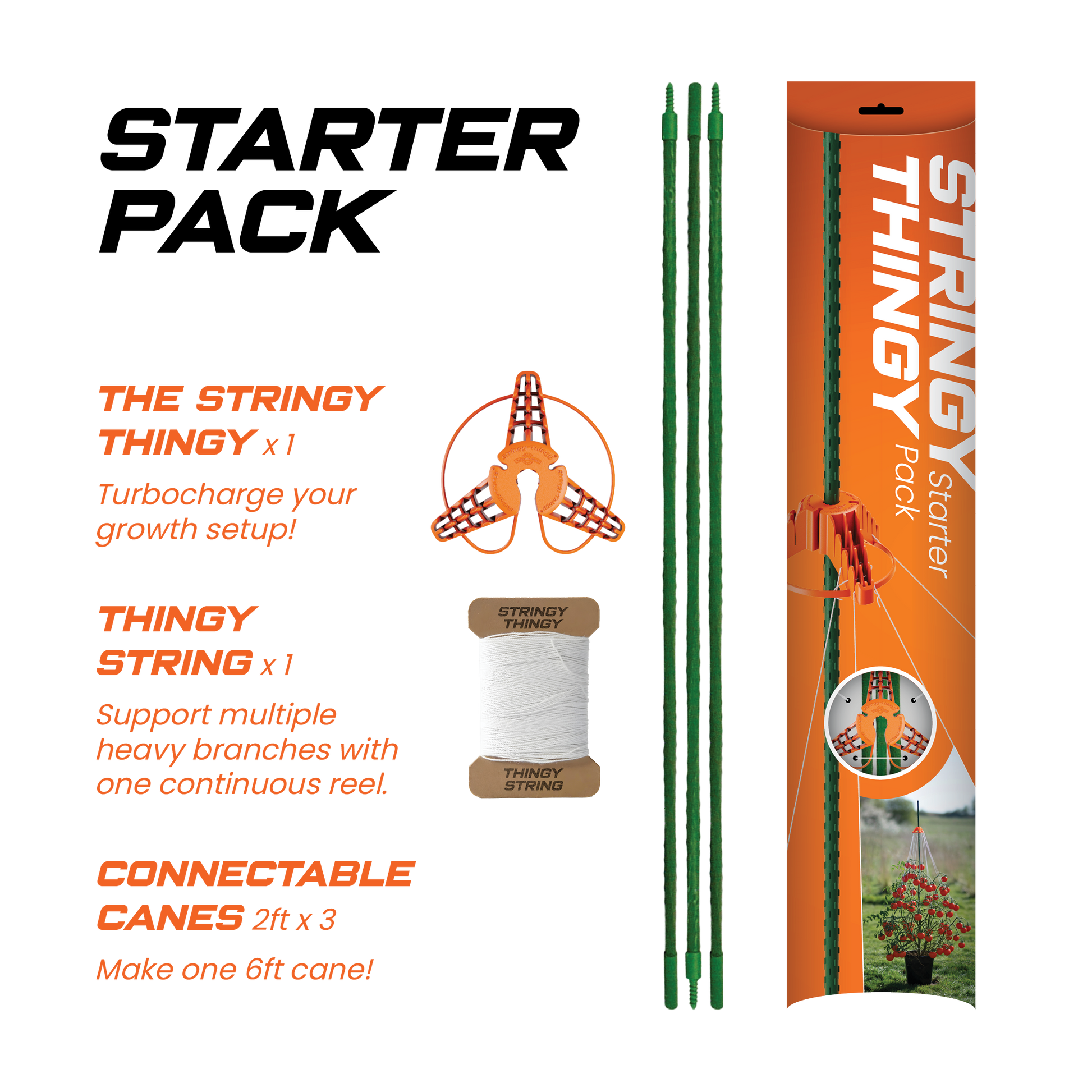 Stringy Thingy starter pack with packaging, canes, and string on a white background