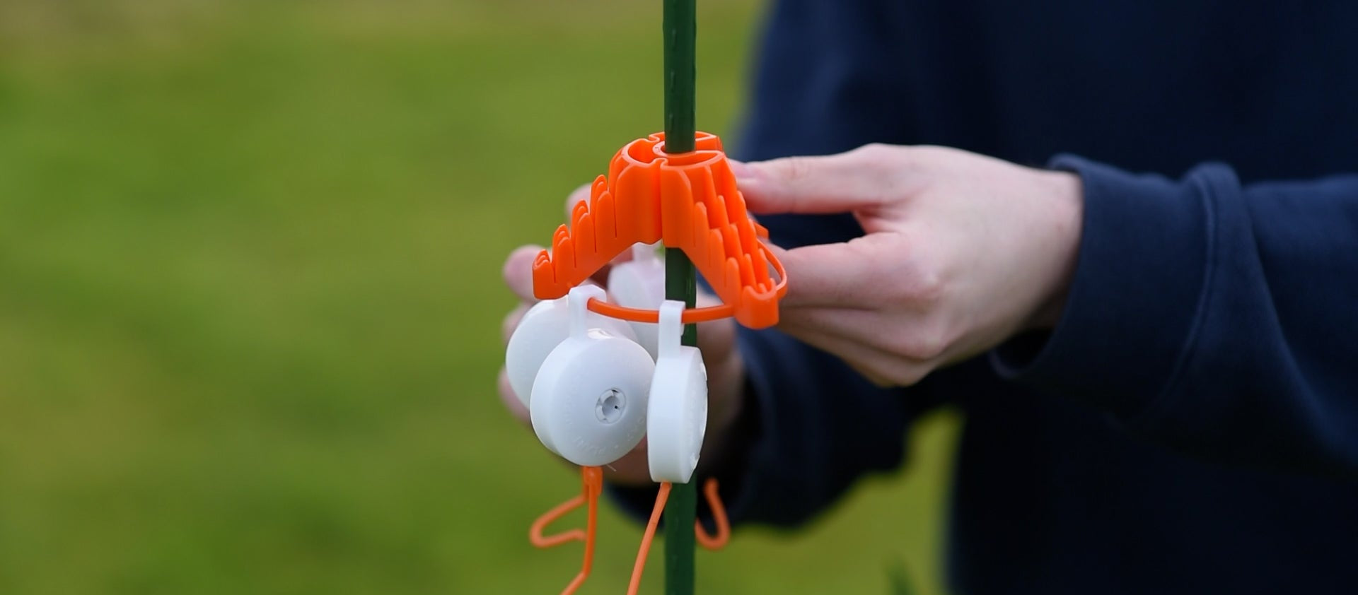 Person holding a green plant with white and orange garden tool attached, against a blurred green background
